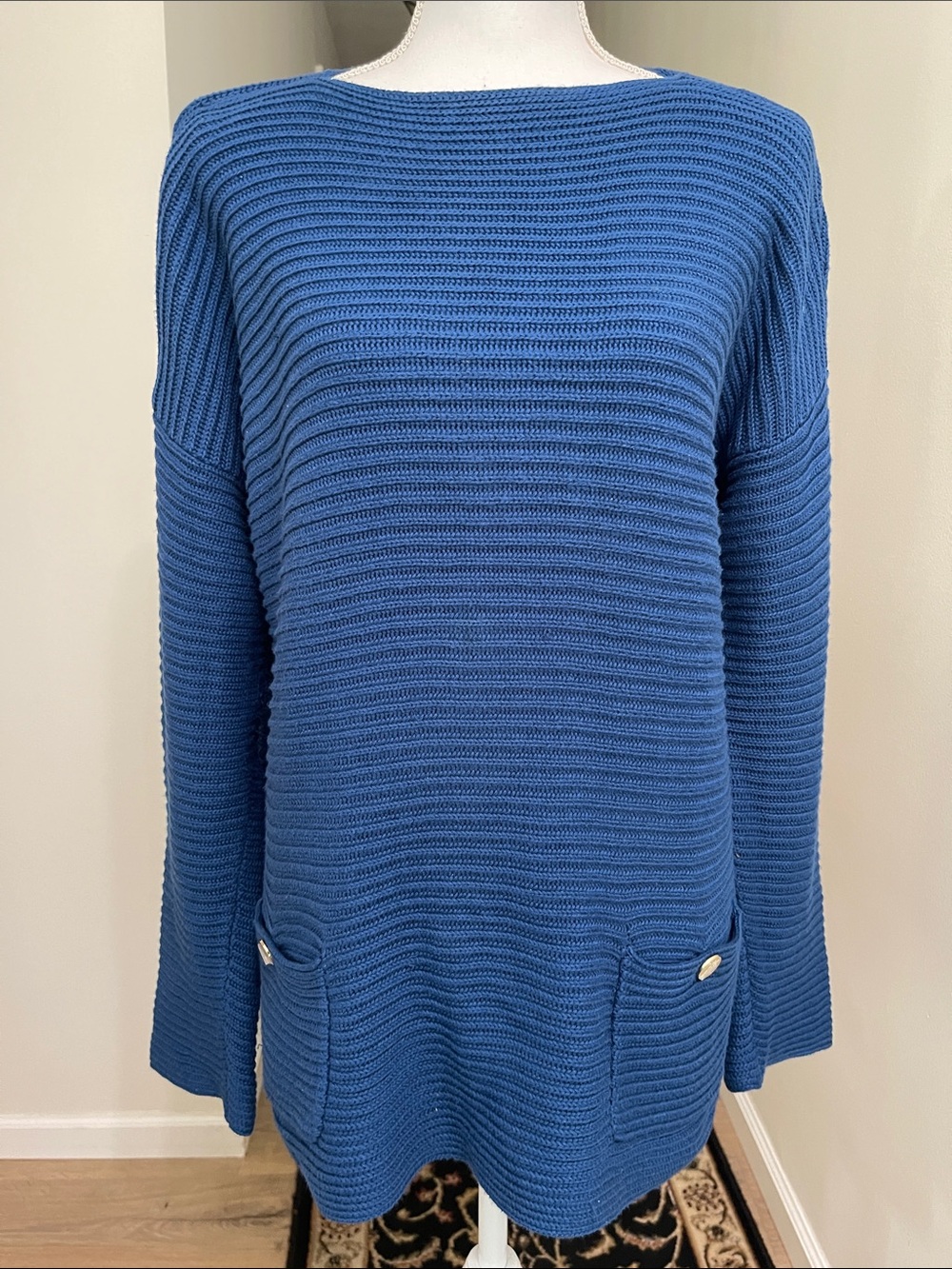 NWOT Anne Klein Royal Blue Rib Knit Boat Neck Sweater Tunic with Pockets Size L